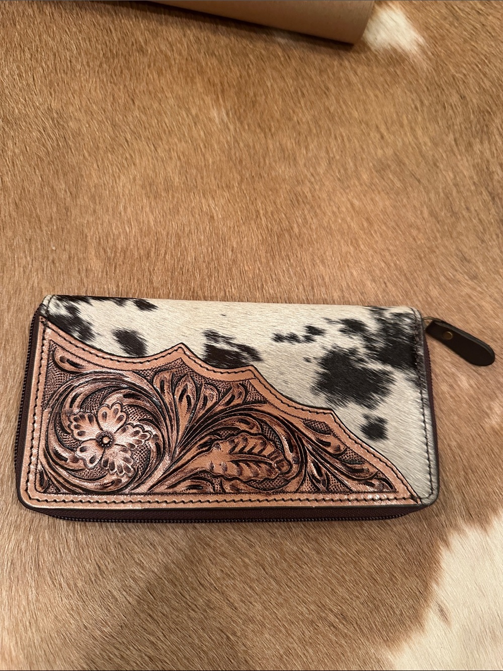 Tooled Leather & Cowhide Zip Wallet - Black & Natural